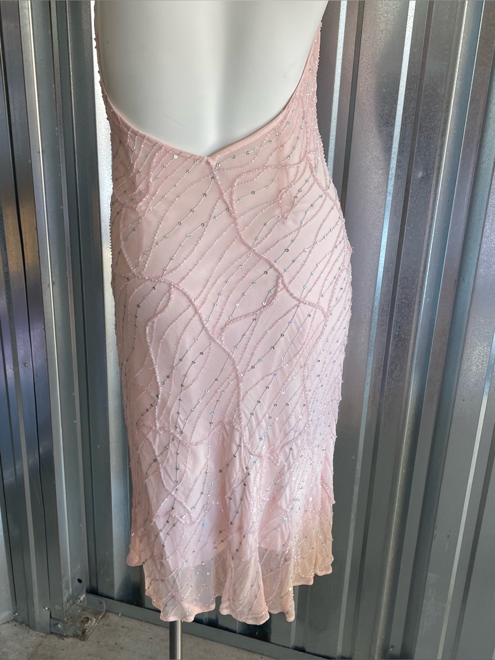 Y2K Pink Beaded Halter Dress Low Back Cowl Neck Formal Dress - Picture 4 of 10